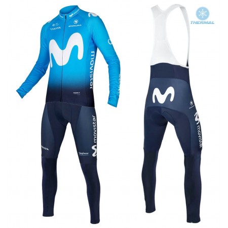 Tenue Cycliste Manches Longues et Collant à Bretelles 2018 Movistar Team Hiver Thermal Fleece N001